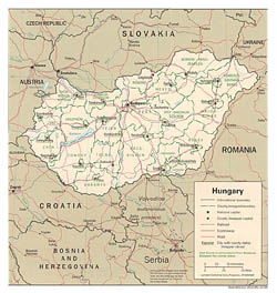 Mapa polityczna i administracyjna Węgier.