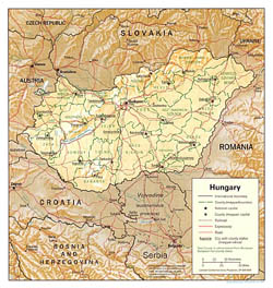 Mapa polityczna i administracyjna Węgier z reliefem.