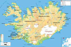 Szczegółowa mapa fizyczna Islandii z drogami, miastami i lotniskami.