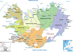 Szczegółowa mapa polityczna i administracyjna Islandii z drogami, miastami i lotniskami.