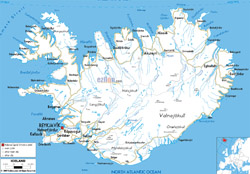 Szczegółowa mapa drogowa Islandii z miastami i lotniskami.