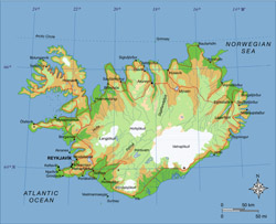 Mapa wysokości Islandii z drogami.