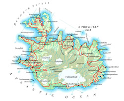 Mapa drogowa Islandii z miastami.