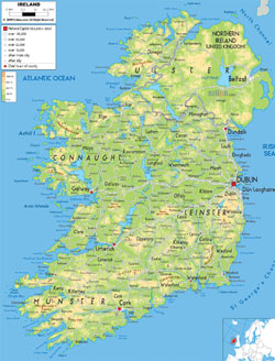 Szczegółowa mapa fizyczna Irlandii z miastami, drogami i lotniskami.