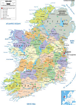 Szczegółowa mapa polityczna i administracyjna Irlandii z miastami, drogami i lotniskami.