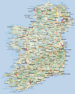 Mapa drogowa Irlandii z miastami i lotniskami.