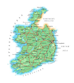 Mapa drogowa Irlandii z miastami.