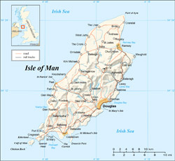 Szczegółowa mapa reliefowa wyspy Man z drogami i miastami.
