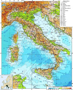 Szczegółowa mapa fizyczna Włoch w języku rosyjskim.