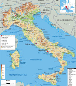 Szczegółowa mapa fizyczna Włoch z zaznaczeniem miast, dróg i lotnisk.