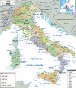 Szczegółowa mapa polityczna i administracyjna Włoch z zaznzczeniem miast, dróg i lotnisk.