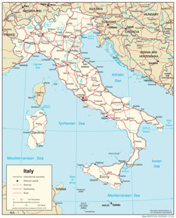 Szczegółowa mapa polityczna Włoch z zaznaczeniem dróg i miast.