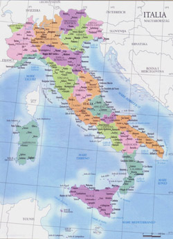 Mapa regionów Włoch z miastami.