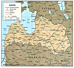 Mapa polityczna Łotwy o reliefie.