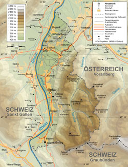 Mapa fizyczna Liechtensteinu.