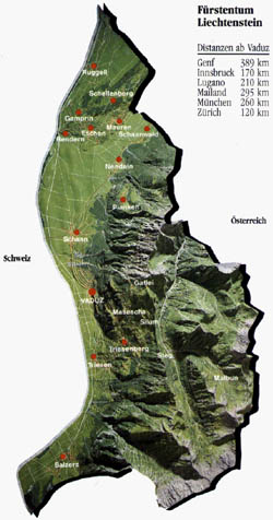 Mapa reliefowa Liechtensteinu.