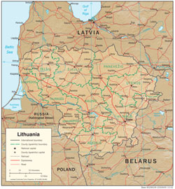 Szczegółowa mapa polityczna i administracyjna Litwy z reliefem, drogami i miastami.