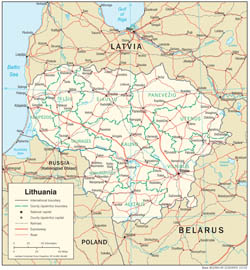 Szczegółowa mapa polityczna i administracyjna Litwy z drogami i miastami.