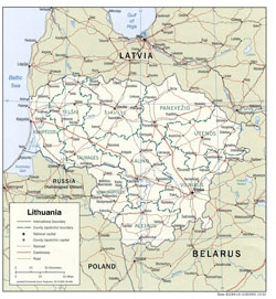 Mapa polityczna i administracyjna Litwy z drogami i miastami.