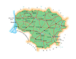 Mapa drogowa Litwy z miastami.