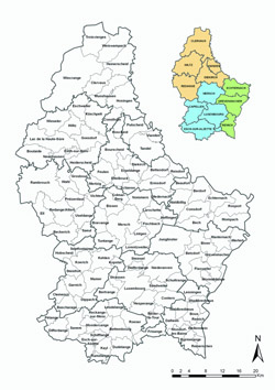 Konturowa mapa administracyjna Luksemburga.
