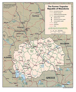 Mapa polityczna i administracyjna Macedonii z drogami i miastami.