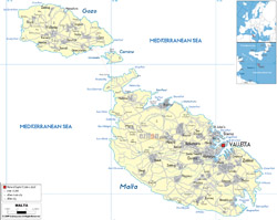 Szczegółowa mapa polityczna Malty z drogami, miastami i lotniskami.
