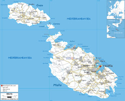Szczegółowa mapa drogowa Malty z miastami i lotniskami.