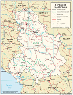 Szczegółowa mapa polityczna i administracyjna Serbii i Czarnogóry z drogami i miastami.