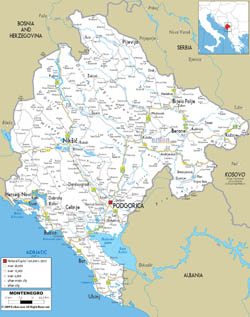 Szczegółowa mapa drogowa Czarnogóry z miastami i lotniskami.