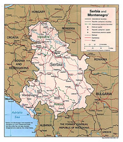 Mapa polityczna i administracyjna Serbii i Czarnogóry.