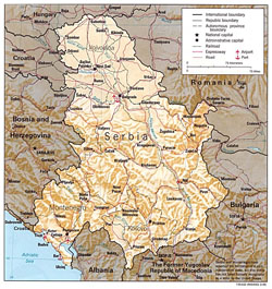 Mapa polityczna i administracyjna Serbii i Czarnogóry z reliefem.
