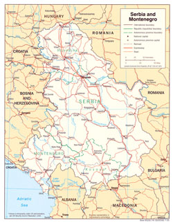 Mapa polityczna i administracyjna Serbii i Czarnogóry z drogami i miastami.
