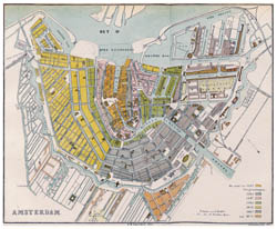 Duża szczegółowa stara mapa miasta Amsterdam (1385-1875).