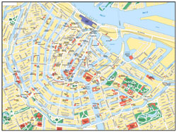 Duża mapa drogowa centralnej części miasta Amsterdam z nazwami ulic.