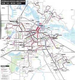 Szczegółowa mapa tras tramwajowych, autobusowych oraz metra miasta Amsterdam, duży format.