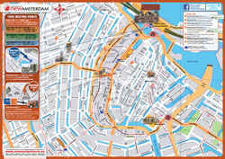Duża mapa najpopularniejszych atrakcji turystycznych centralnej części miasta Amsterdam.