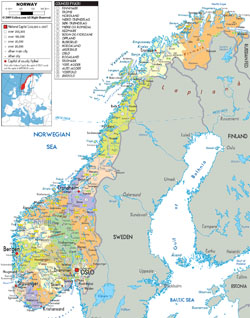 Szczegółowa mapa polityczna i administracyjna Norwegii ze wszystkimi drogami, miastami i lotniskami.