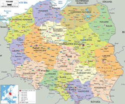 Szczegółowa mapa polityczna i administracyjna Polski ze wszystkimi miastami, drogami i lotniskami.