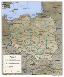 Szczegółowa mapa polityczna i administracyjna Polski z reliefem, drogami i miastami.