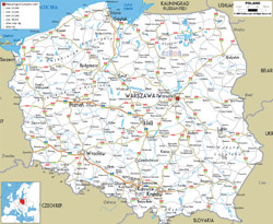 Szczegółowa mapa drogowa Polski z wszystkimi miastami i lotniskami.