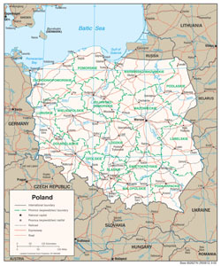 Duża mapa polityczna i administracyjna Polski z zaznaczonymi drogami i miastami.