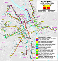 Szczegółowa mapa komunikacji tramwajowe Warszawy.
