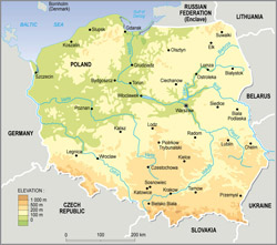 Mapa fizyczna Polski.
