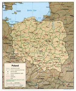 Mapa polityczna i administracyjna Polski z reliefem, drogami i miastami.