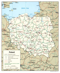 Mapa polityczna i administracyjna Polski z zaznaczonymi drogami i miastami.