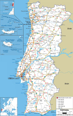 Szczegółowa mapa drogowa Portugalii z zaznaczeniem wszystkich miast i lotnisk.