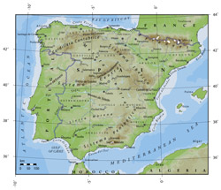 Mapa o wysokościami Portugalii i Hiszpanii.