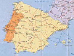 Internetowa mapa autostrad Portugalii i Hiszpanii.