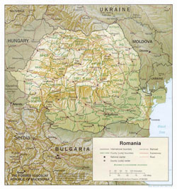 Mapa polityczna i administracyjna Rumunii z zaznaczeniem reliefu, dróg i miast.